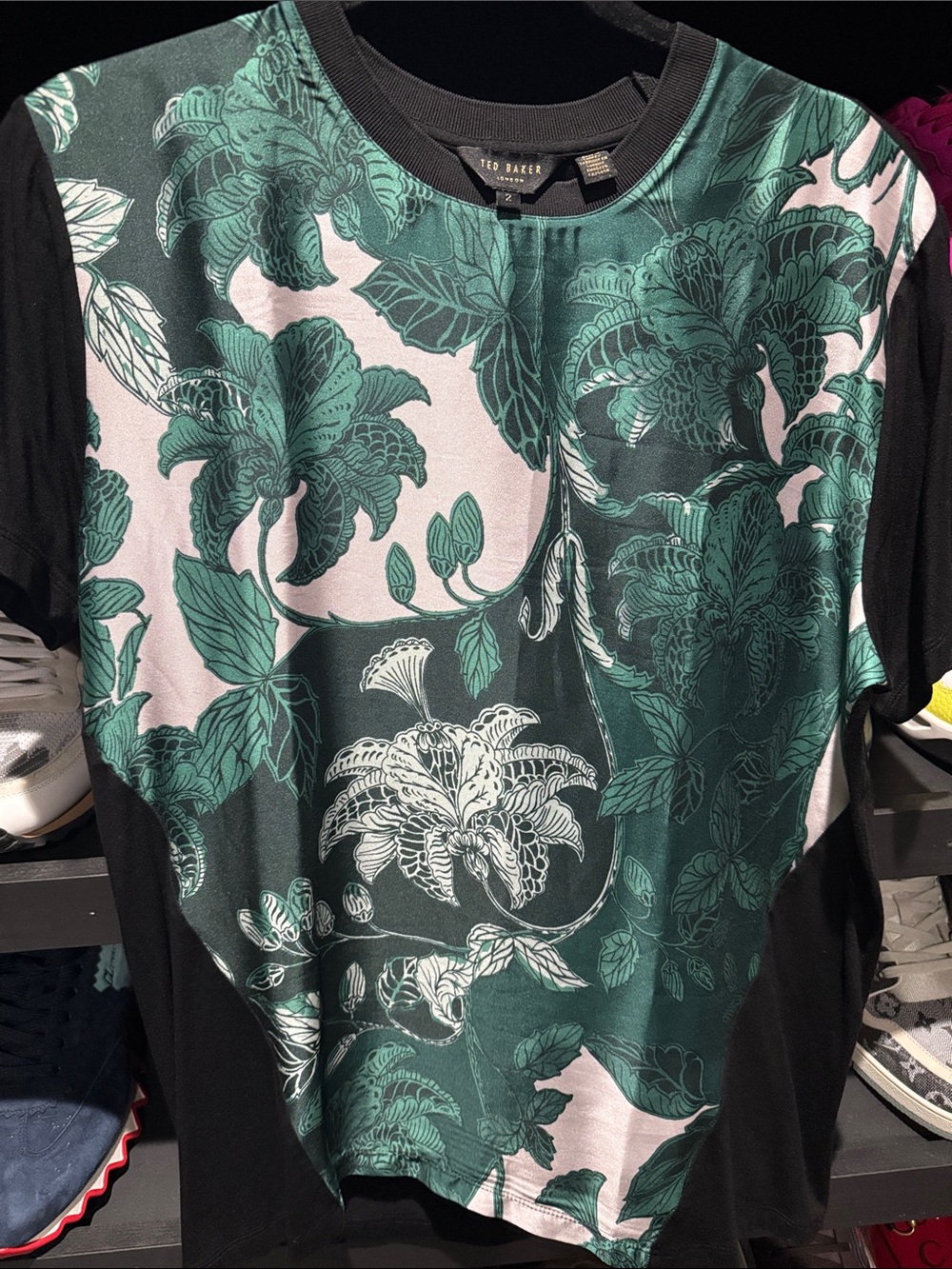 Ted Baker Black, Green and Pale white Floral Panel Short Sleeve Tee